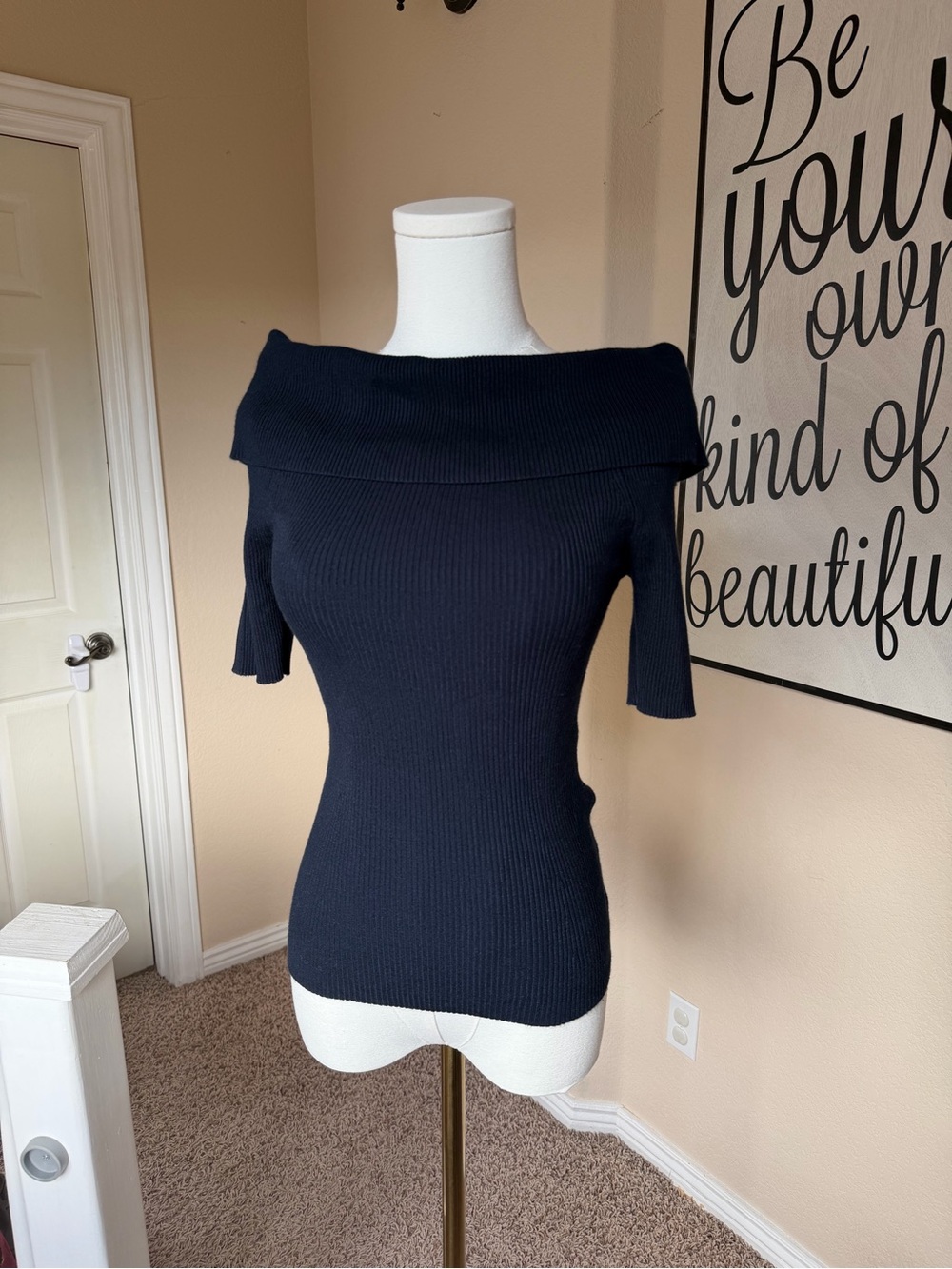 Catherine Malandrino Navy Off-the-Shoulder Ribbed Top